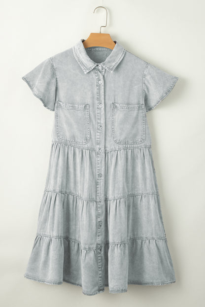 Mineral Washed Ruffle Sleeve Tiered Chambray Dress | Light Grey