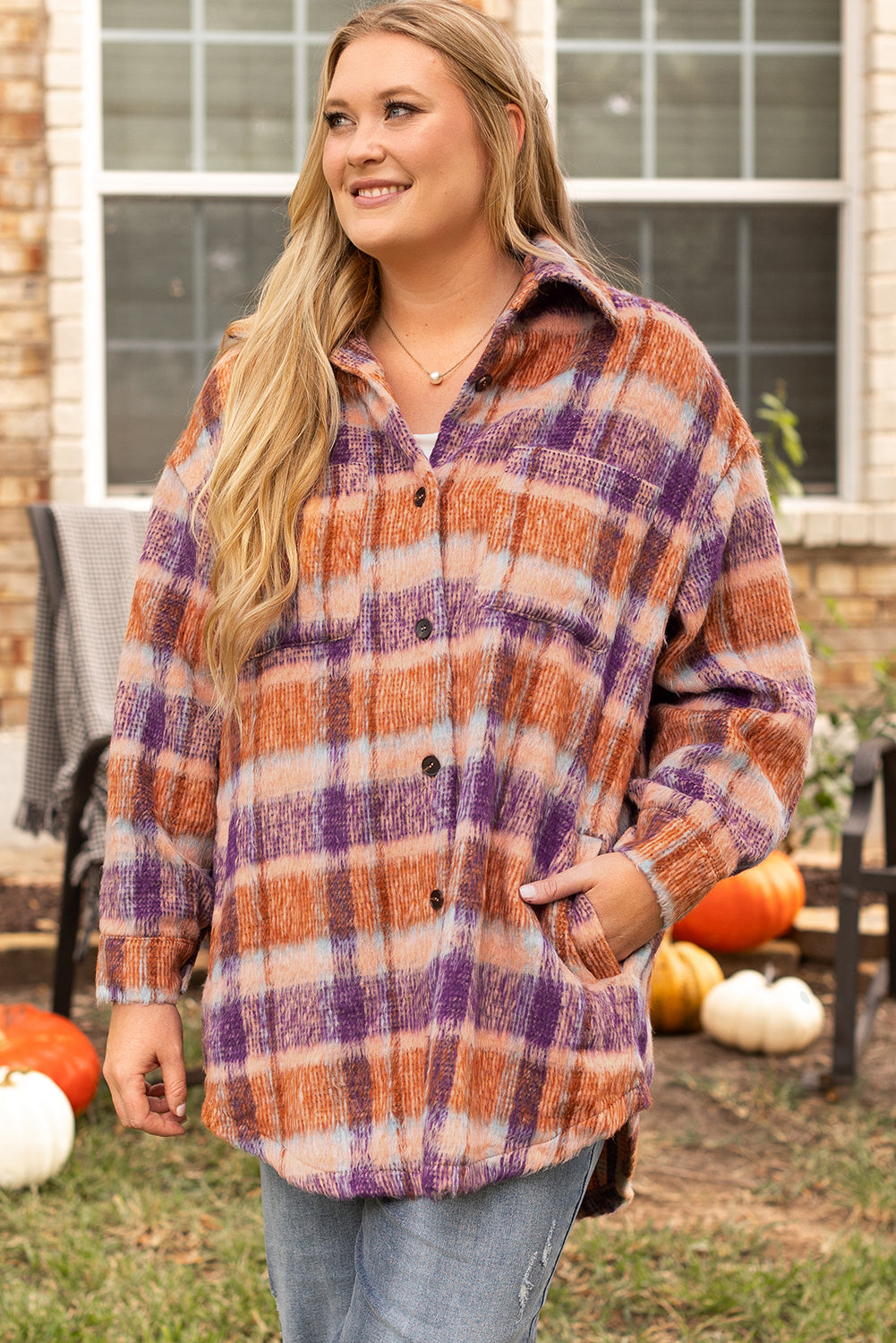 Plus Size Plaid Print Collared Button Up Jacket | Multicolour