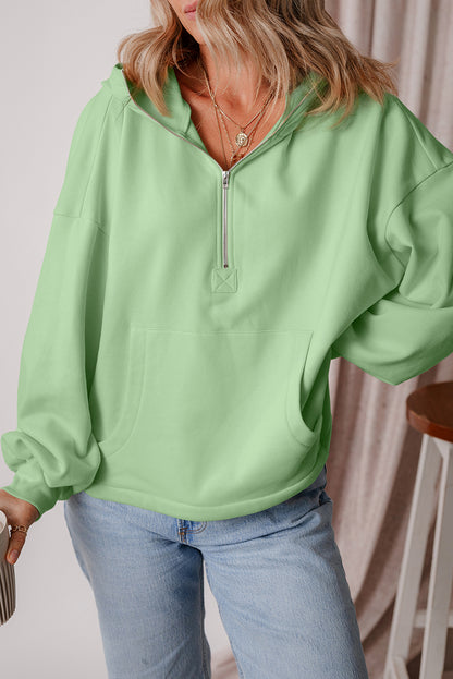 Fleece Lined Half Zipper Kangaroo Pockets Loose Hoodie | Smoke Green