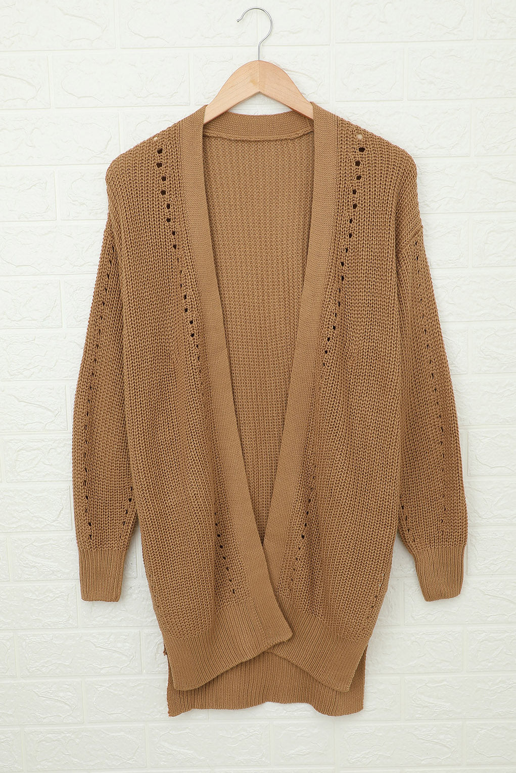 Drop Sleeve Cable Knit Cardigan With Slits | Apricot