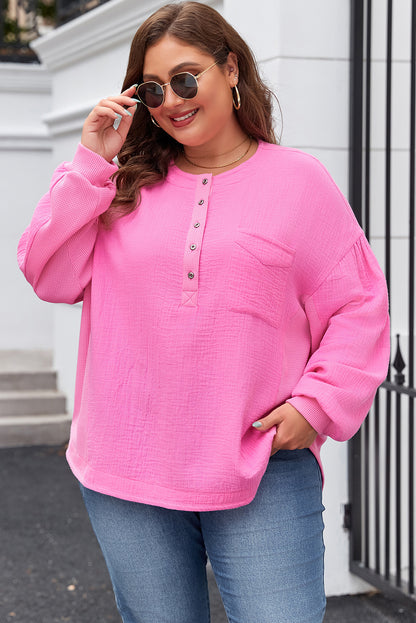 Half Buttons Chest Pocket Drop Sleeve Plus Size Top | Bonbon