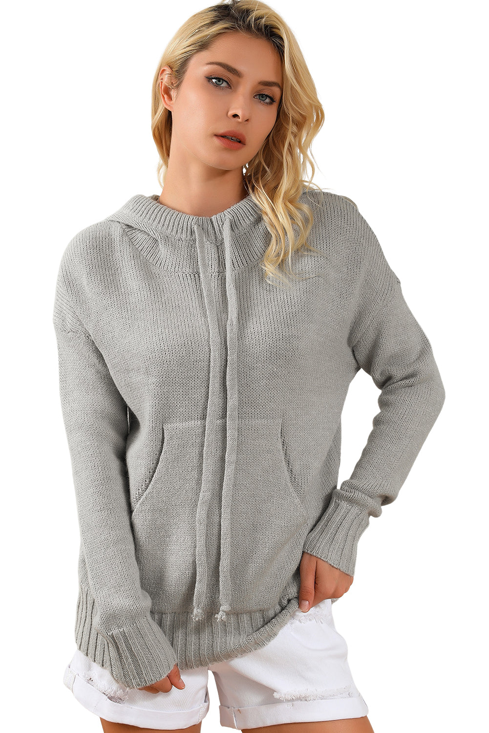 Cowl Neck Drawstring Pullover Hooded Sweater | Gray