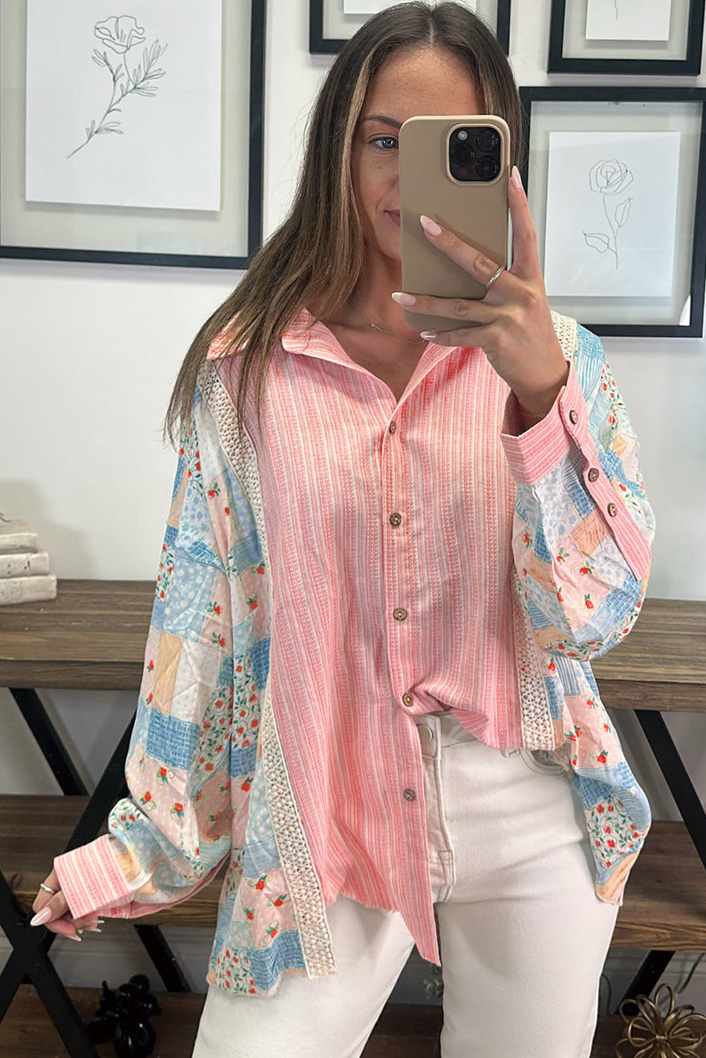 Floral Patchwork Tunic Loose Fit Shirt | Pink Stripe