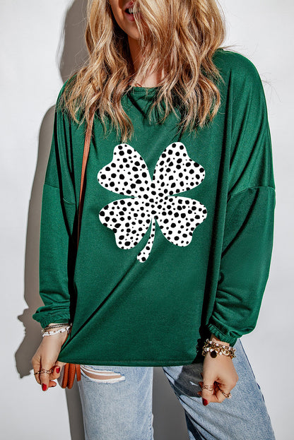 Leopard Clover Print Drop Sleeve Crewneck Top | Green