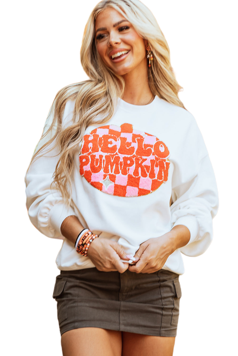 Terry Halloween Pumpkin Patched Pattern Pullover Sweatshirt | White