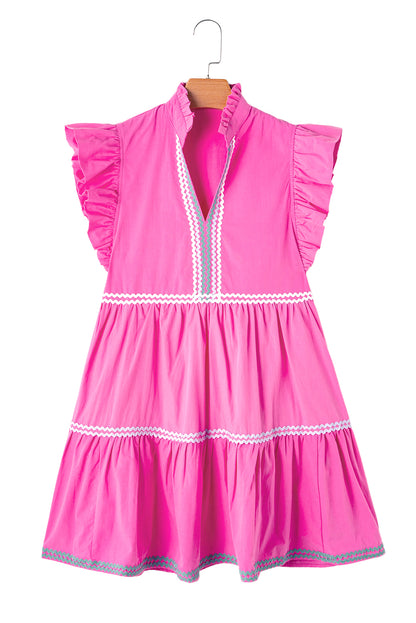 Ric Rac Colourblock Flutter Sleeve V Neck Tiered Dress | Strawberry Pink