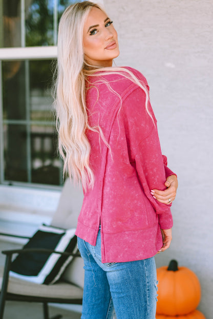 Acid Wash Relaxed Fit Seamed Pullover Sweatshirt With Slits | Rose