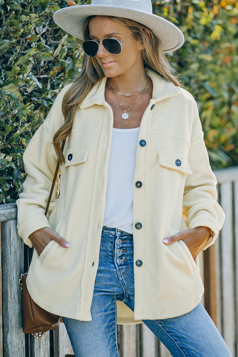 Turn Down Collar Buttoned Shirt Jacket | Beige