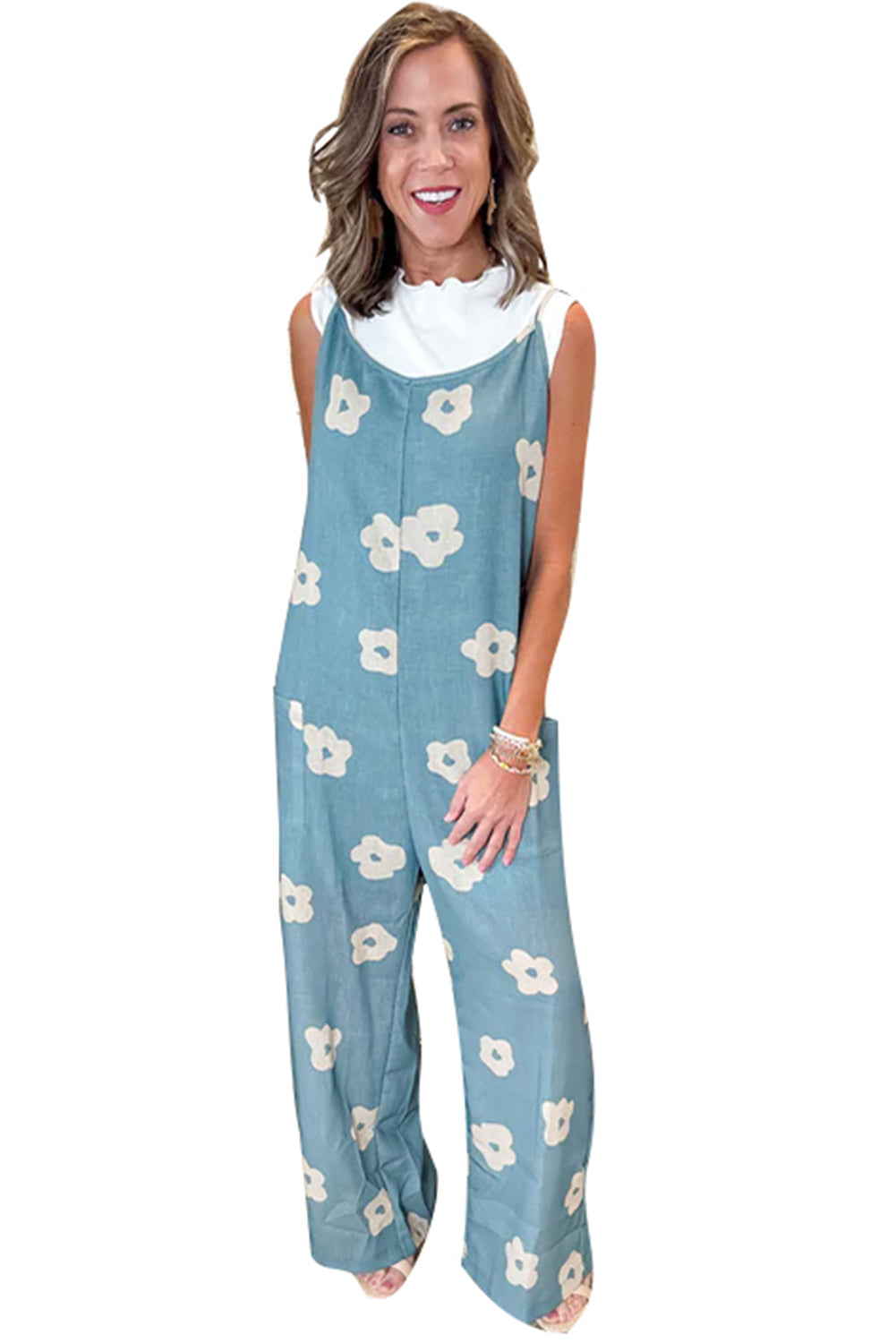 Flower Wide Leg Loose Jumpsuit | Blue