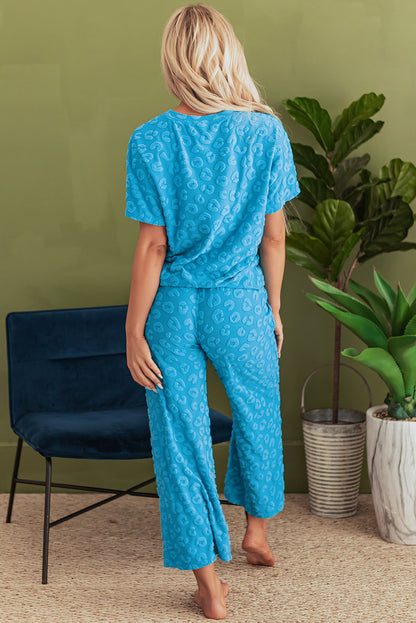 Leopard Jacquard Short Sleeve Top And Wide Leg Pants Set | Blue