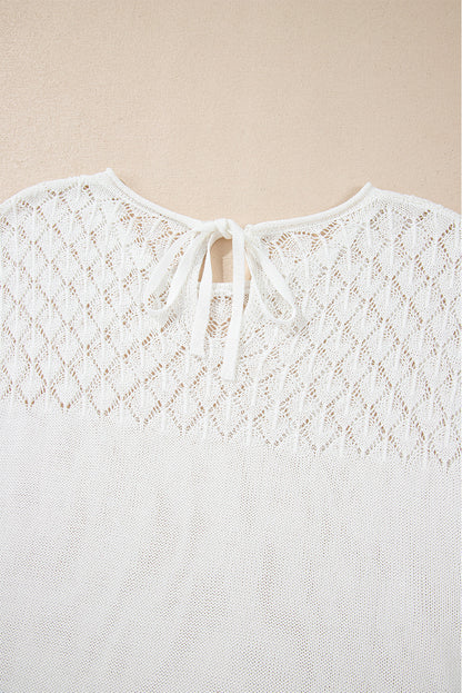 Eyelet Knit Tied Back Short Sleeve Sweater | White