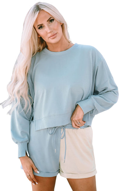 Split Hem Sweatshirt Colour Block Shorts Set | Sky Blue