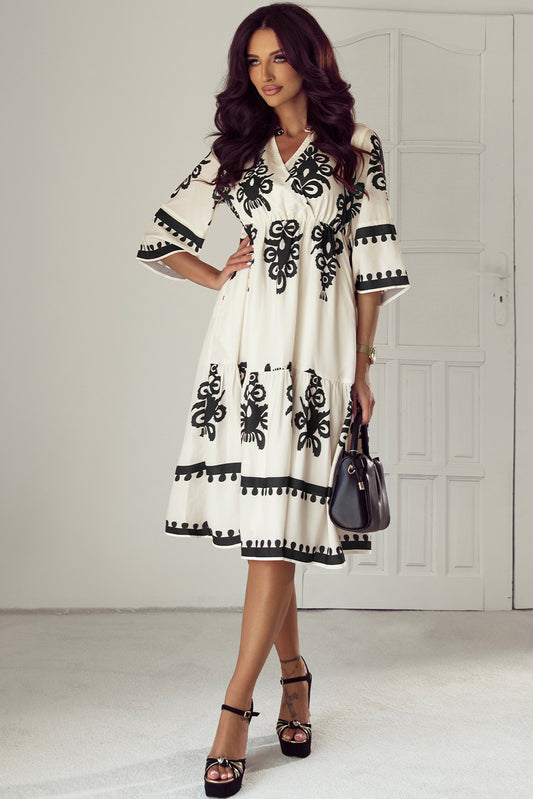 Western Geometric Print 3/4 Sleeve Loose Midi Dress | Beige