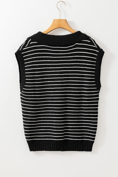 Turn-Down V Neck Sweater Tank Top | Black Stripe