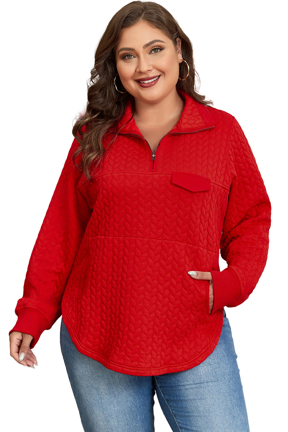 Cable Textured Quarter Zip Pocketed Plus Size Pullover | Tomato Red