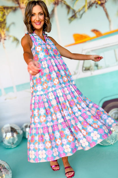 Floral Print Frilly Neck Sleeveless Tiered Maxi Dress | Sky Blue