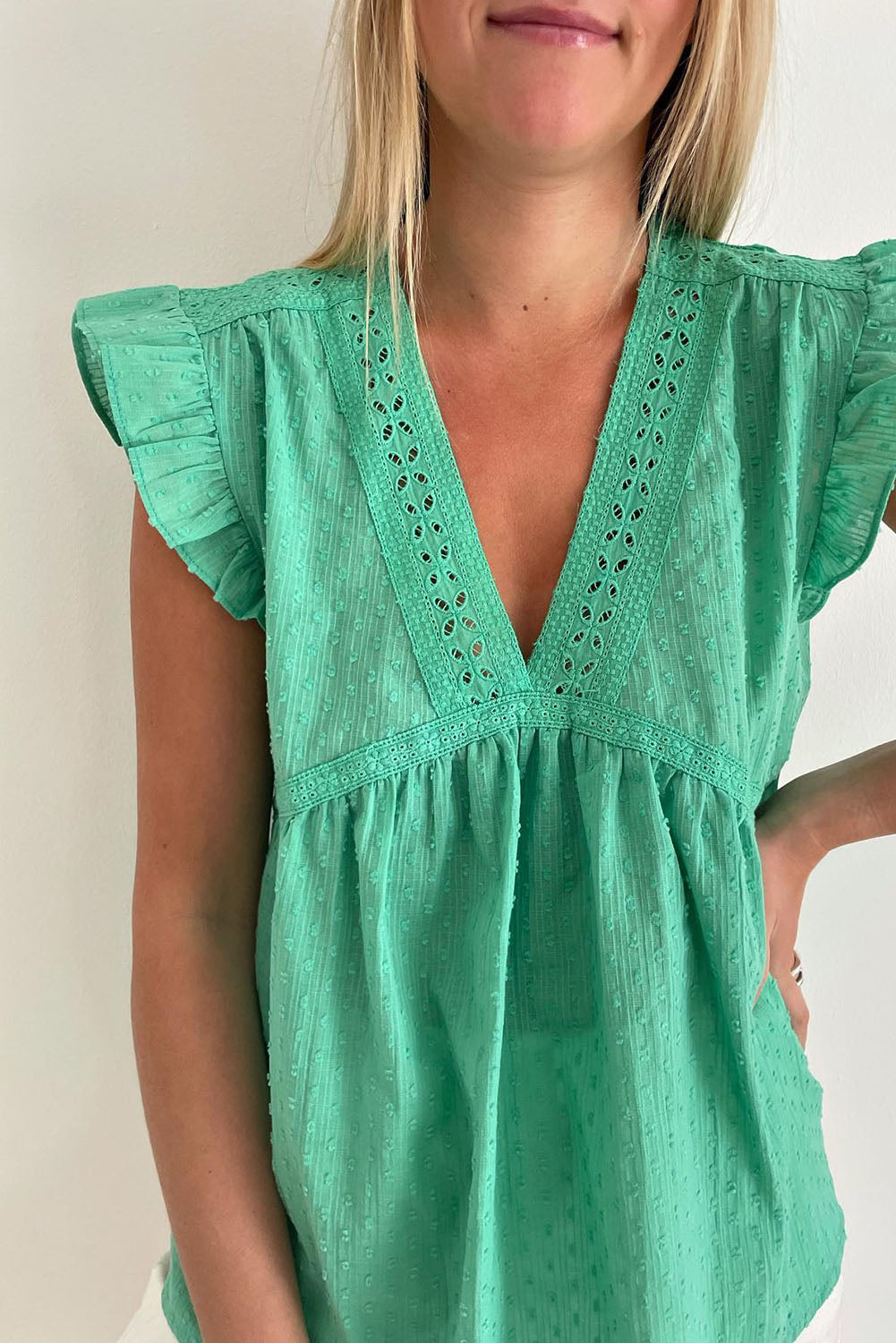 Eyelet V Neckline Ruffle Swiss Dot Top | Green