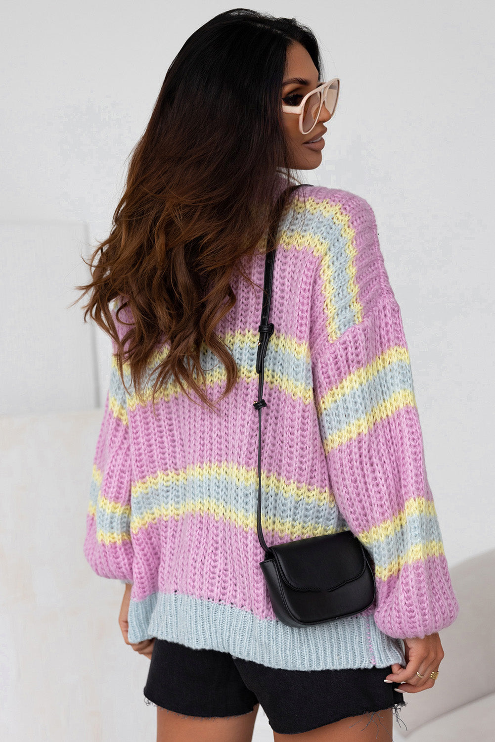 Contrast Striped Open Front Cable Cardigan | Pink