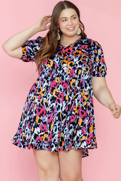 Leopard Print Ruffled V Neck Plus Size Mini Dress | Purple