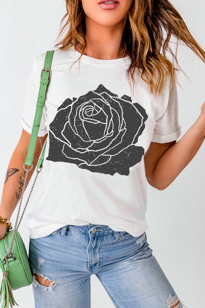 Large Rose Print Round Neck T Shirt | White