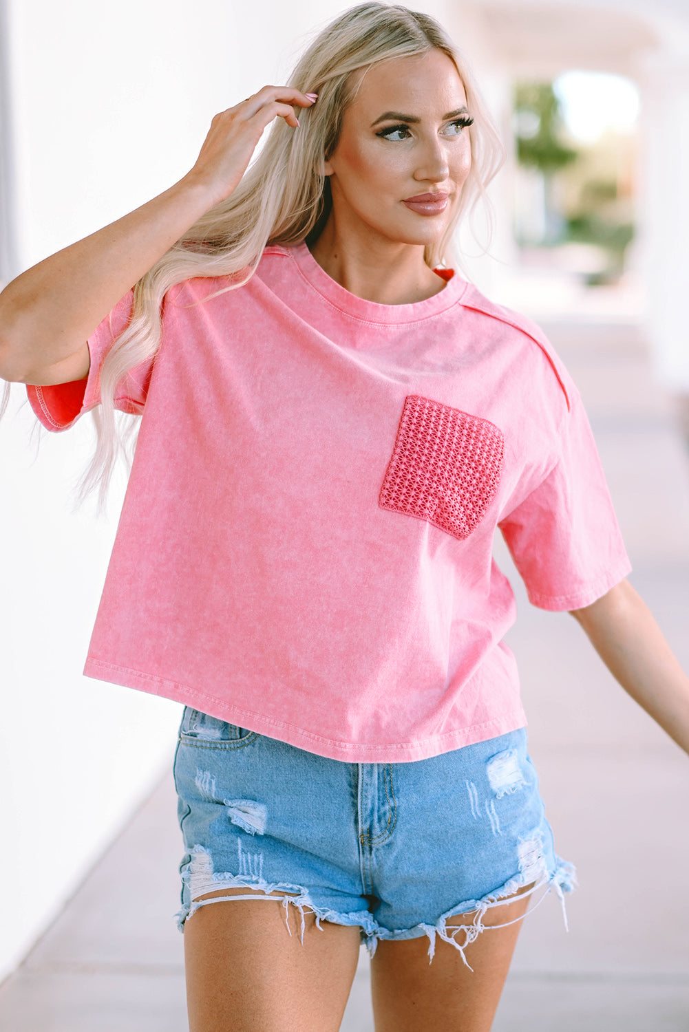 Acid Wash Lace Patch Pocket T-Shirt | Pink