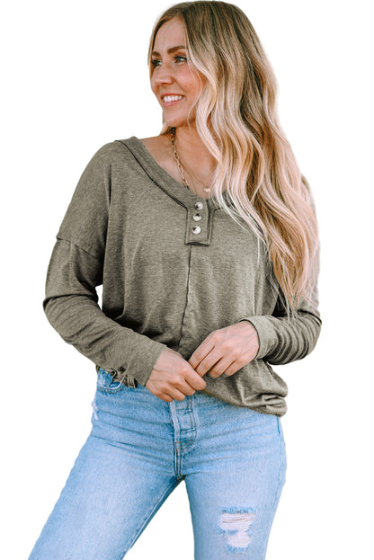 Long Sleeve V-Neck Stitching Henley Top | Khaki