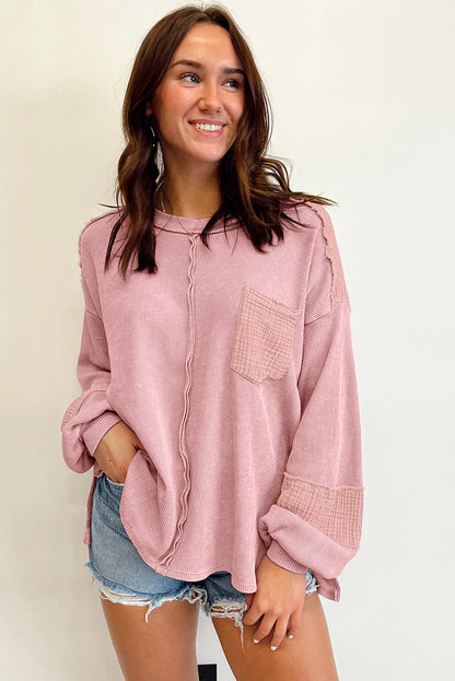 Exposed Seam Patchwork Bubble Sleeve Waffle Knit Top | Pink