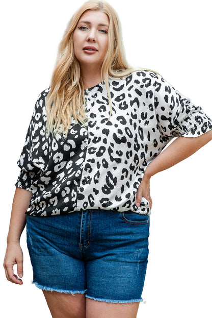 Plus Size Contrast Leopard Half Sleeve Blouse | Black