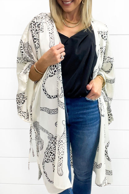 Cheetah Print Loose Fit Open Front Kimono | White