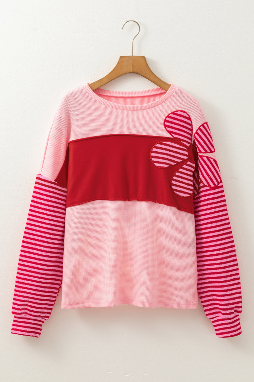 Floral Patch Colour Block Striped Sleeve Textured Top | Pink