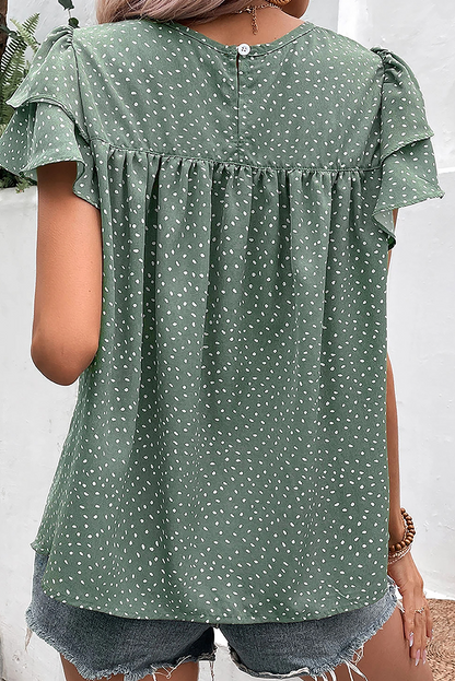 Dotted Ruffle Sleeve Crew Neck Ruched Blouse | Laurel Green