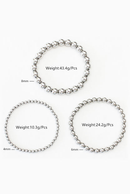 3Pcs 4/6/8Mm Bead Bracelet Set | Silvery