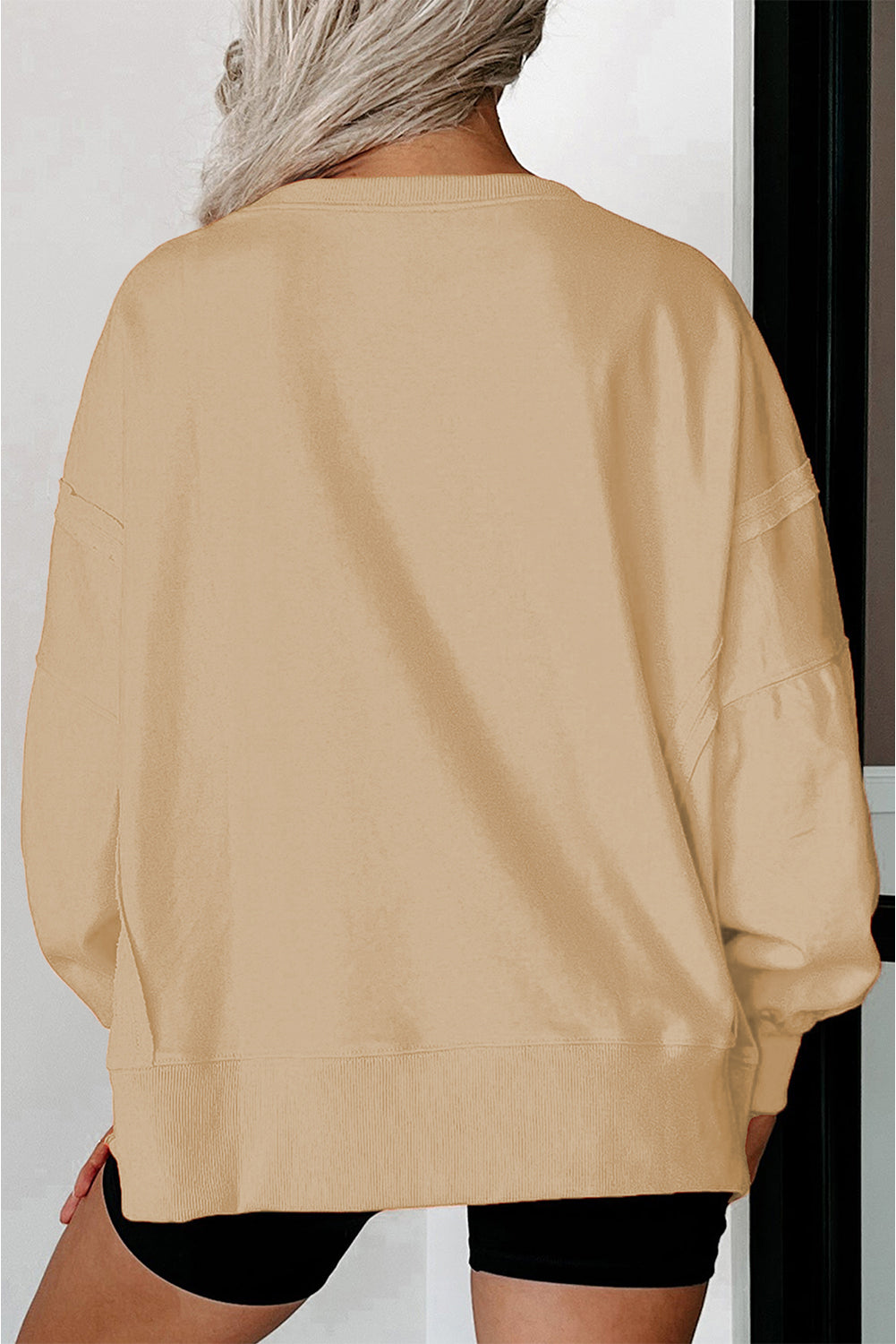 Exposed Seam Drop Shoulder Round Neck Sweatshirt With Slits | Light French Beige