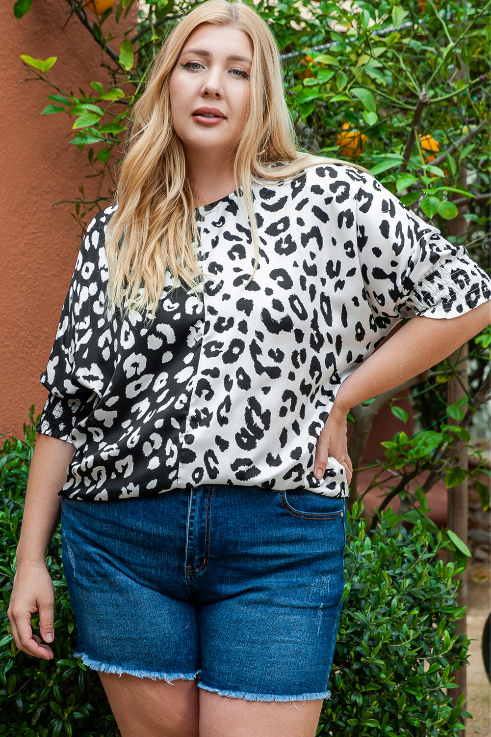 Plus Size Contrast Leopard Half Sleeve Blouse | Black