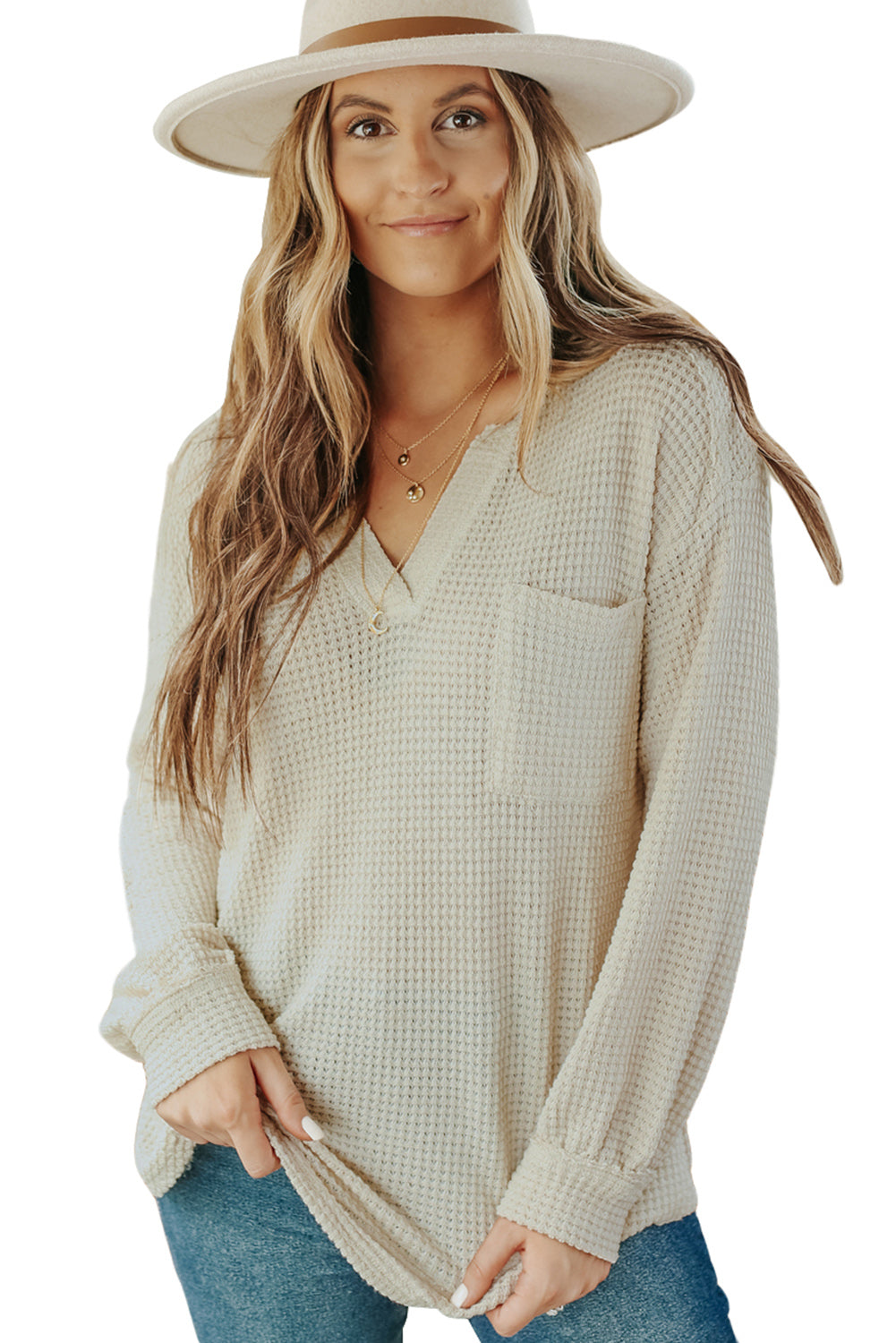 Waffle Knit Split Neck Pocketed Loose Top | Beige