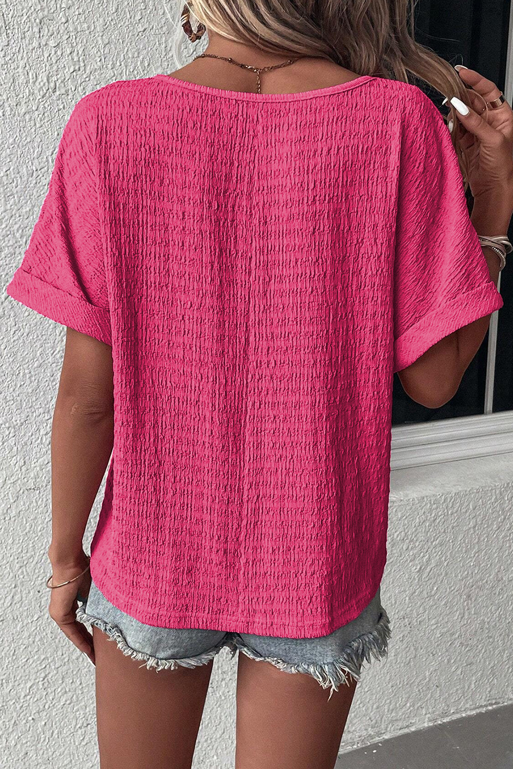 Textured Rolled Sleeve V Neck Tee | Bright Pink