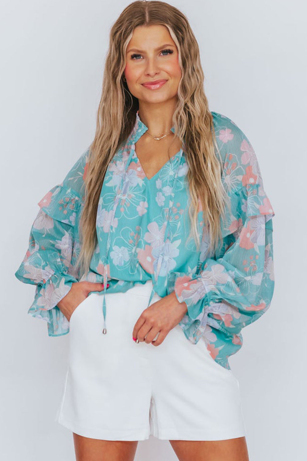 Floral Split Neck Ruffled Puff Sleeve Blouse | Sky Blue