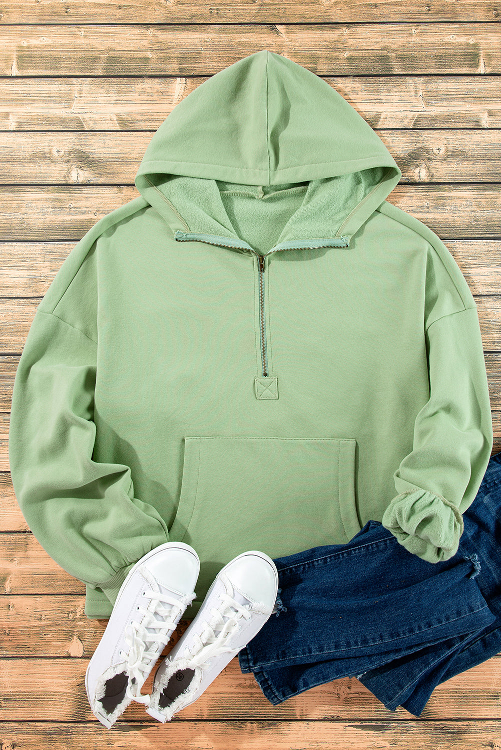 Fleece Lined Half Zipper Kangaroo Pockets Loose Hoodie | Smoke Green