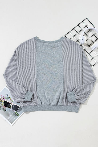 Waffle Patchwork Long Sleeve Raw Hem Pullover Top | Light Grey