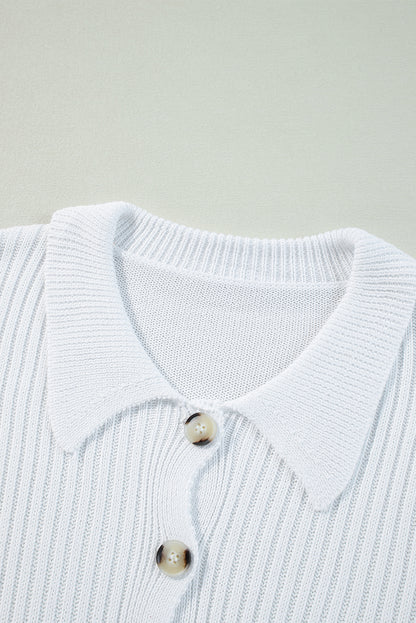 Collared Button-Up Loose Fit Casual Sweater | White