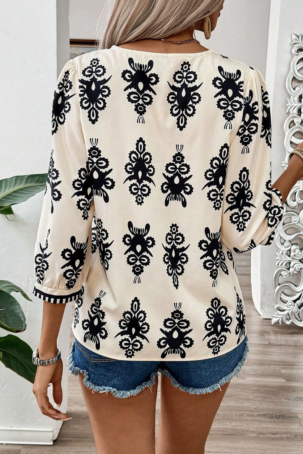 Vintage Geometric Printed 3/4 Sleeve V Neck Blouse | Beige