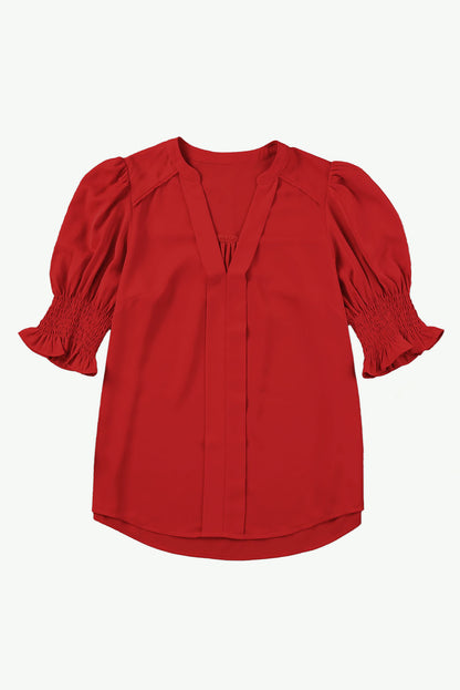 Fiery  Solid Colour Half Sleeve V Neck Blouse | Red