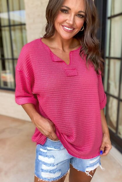 Textured Knit Split Neck Cuffed Short Sleeve Top | Strawberry Pink