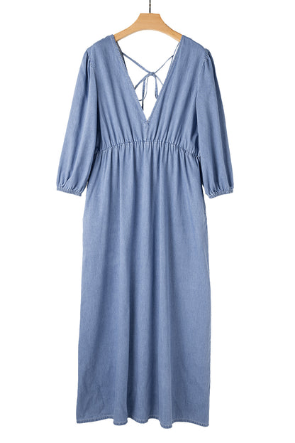 Chambray Deep V Neck Bracelet Sleeve Maxi Dress | Myosotis