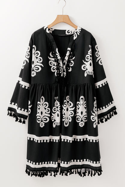 Plus Size Western Floral Print Fringed V Neck Dress | Black