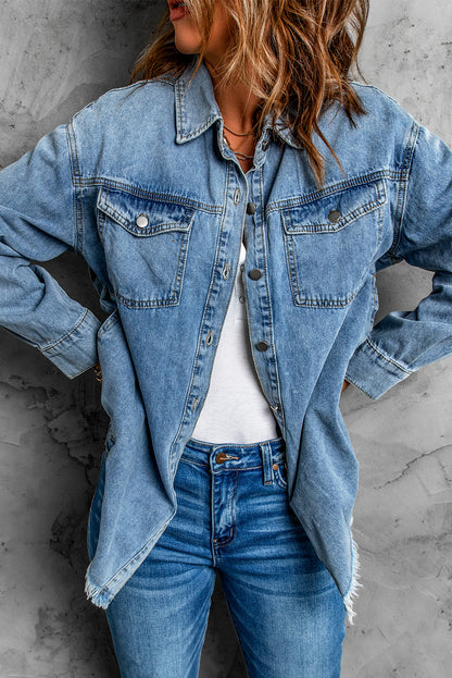 Pocket Raw Hem Buttoned Denim Jacket | Sky Blue