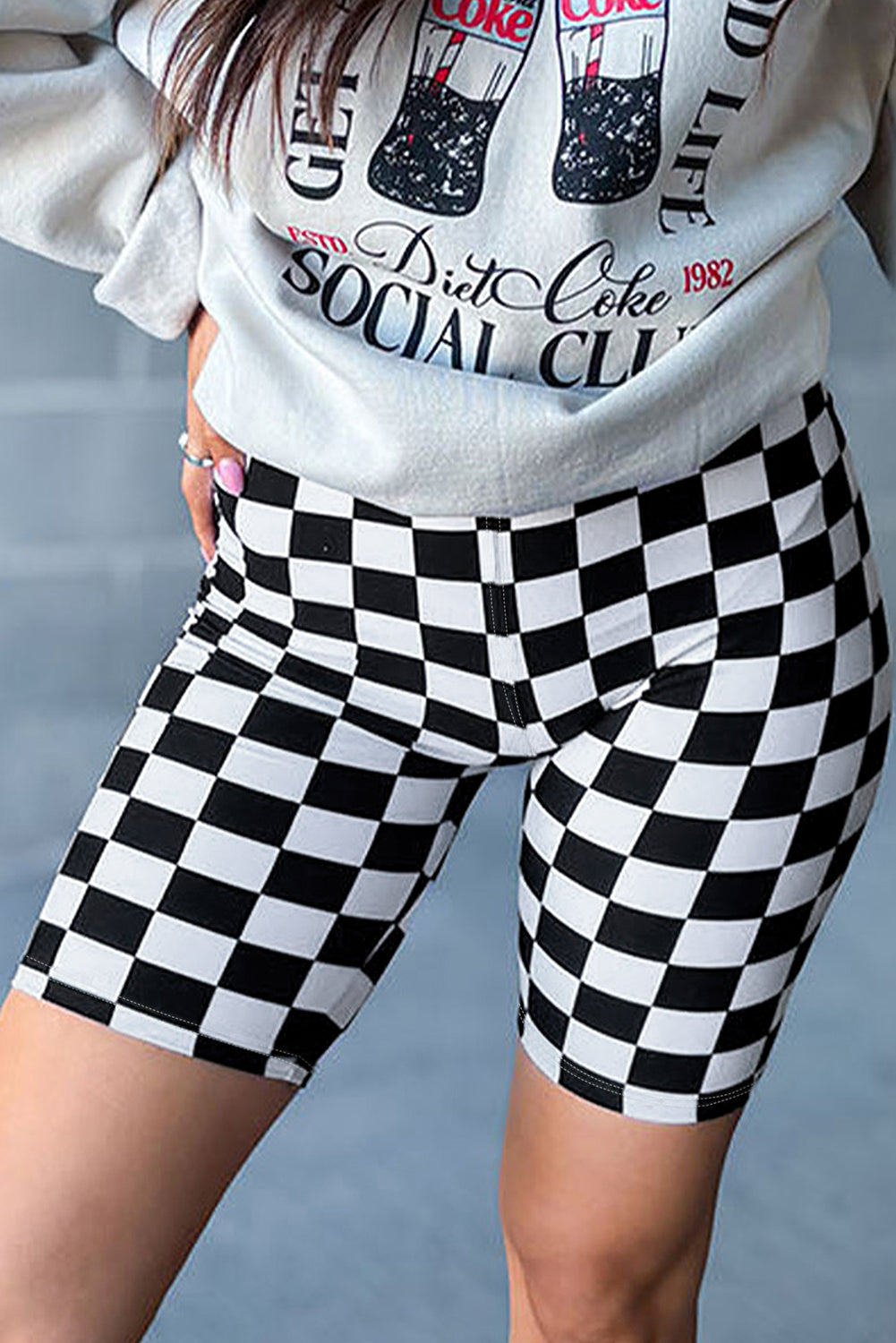 Checkerboard Printed High Waist Biker Shorts | Black