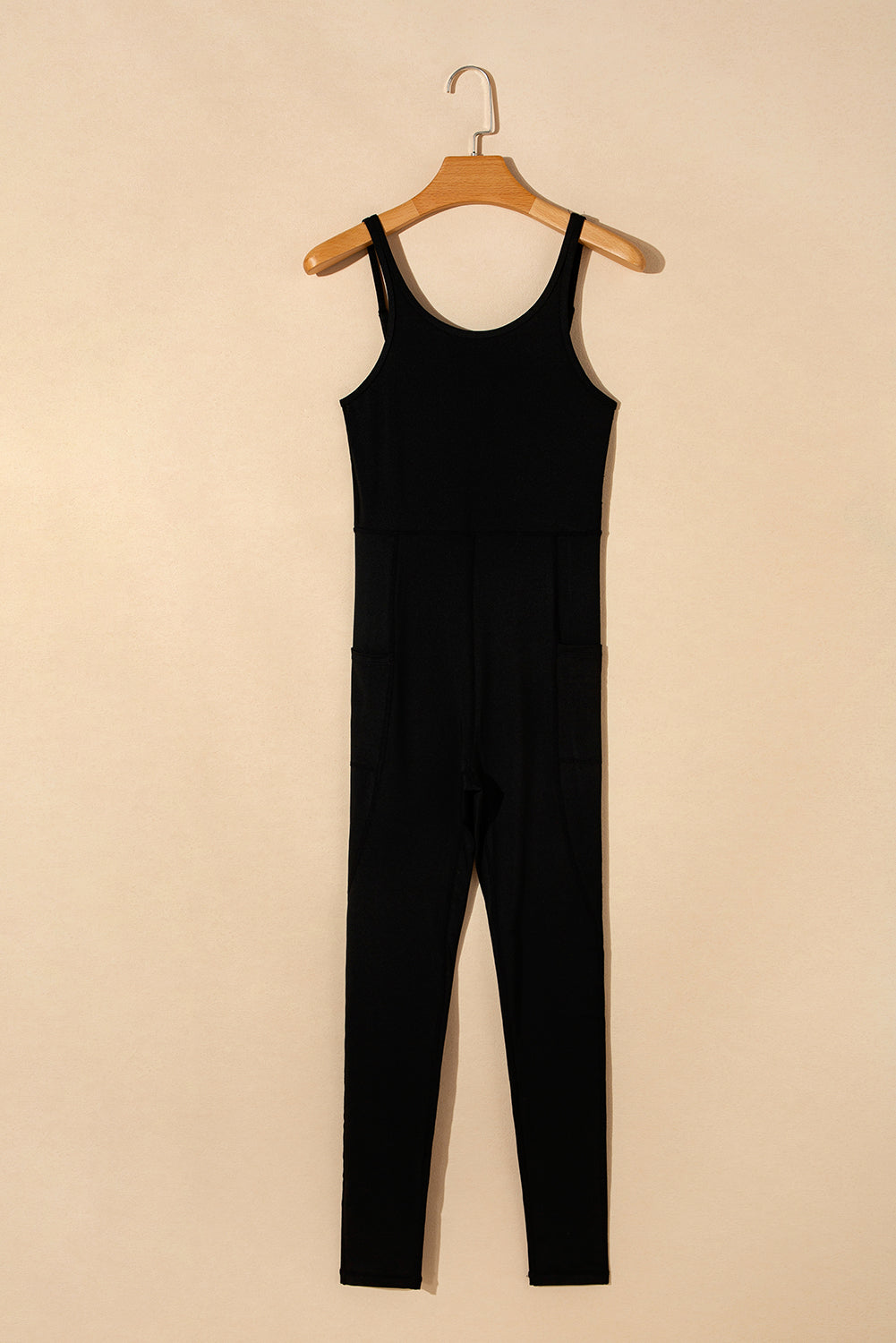 High Waist Backless Side Pockets Sports Jumpsuit | Black