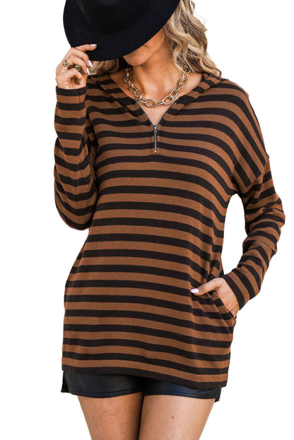 Striped Knit Quarter Zip Hoodie | Brown