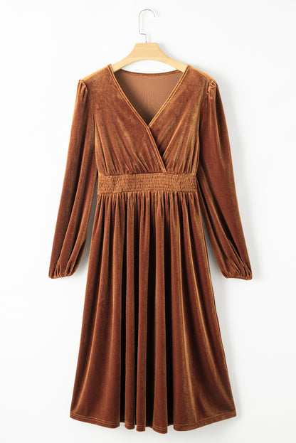 Wrap V Neck Smocked High Waist Velvet Midi Dress | Camel